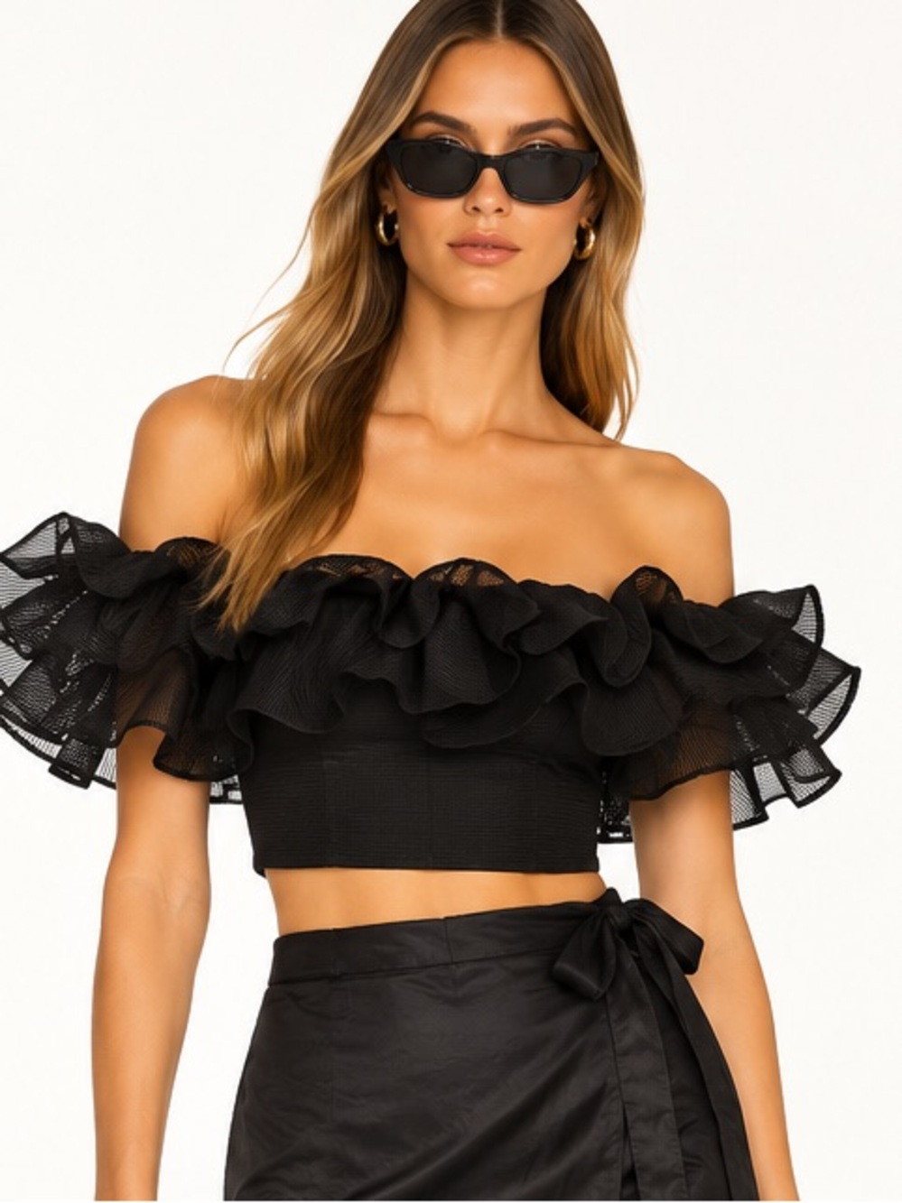 Keepsake Black Off Shoulder Ruffle Crop Top Sheer Mesh Statement Blouse